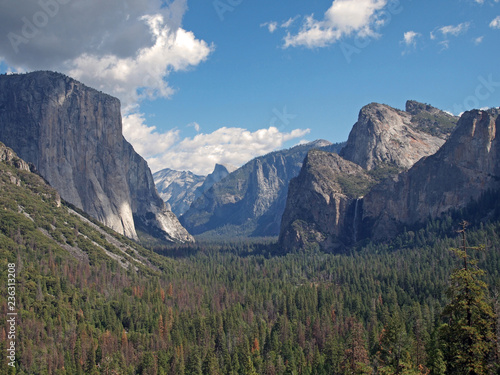 view over Yosemite Valley from Wawona Tunnel vista point with El Capitan on the left, Half Dome on axis and Bridalveil Fall on the right, California, USA