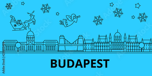Hungary, Budapest winter holidays skyline. Merry Christmas, Happy New Year decorated banner with Santa Claus.Flat, outline vector.Hungary, Budapest linear christmas city illustration