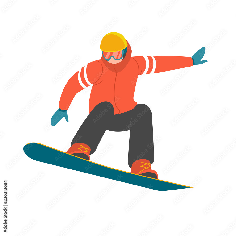 Snowboarder. Vector illustration of a man in red winter jacket, jumping on the snowboard in trendy flat style. Isolated on white