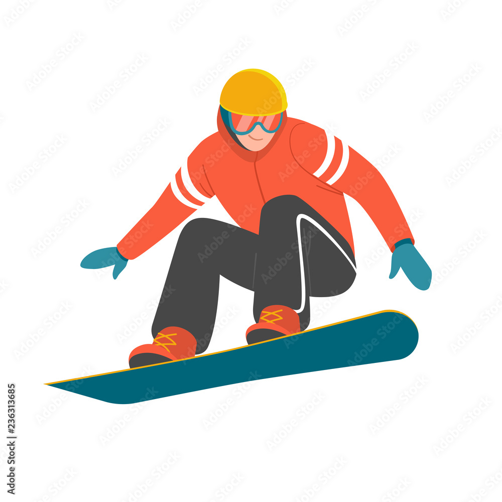 Snowboarder. Vector illustration of a man in red winter jacket, jumping on the snowboard in trendy flat style. Isolated on white