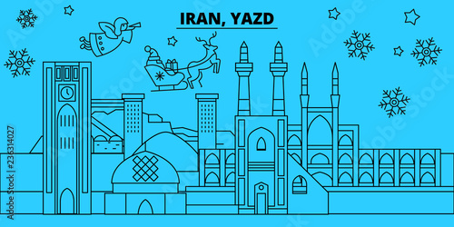 Iran, Yazd winter holidays skyline. Merry Christmas, Happy New Year decorated banner with Santa Claus.Iran, Yazd linear christmas city vector flat illustration