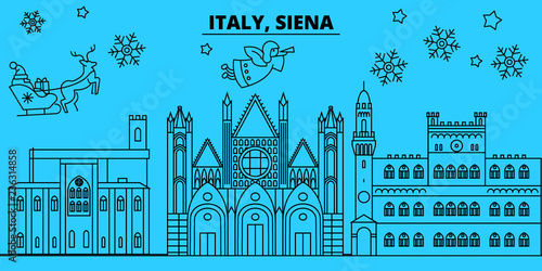 Italy, Siena winter holidays skyline. Merry Christmas, Happy New Year decorated banner with Santa Claus.Flat, outline vector.Italy, Siena linear christmas city illustration