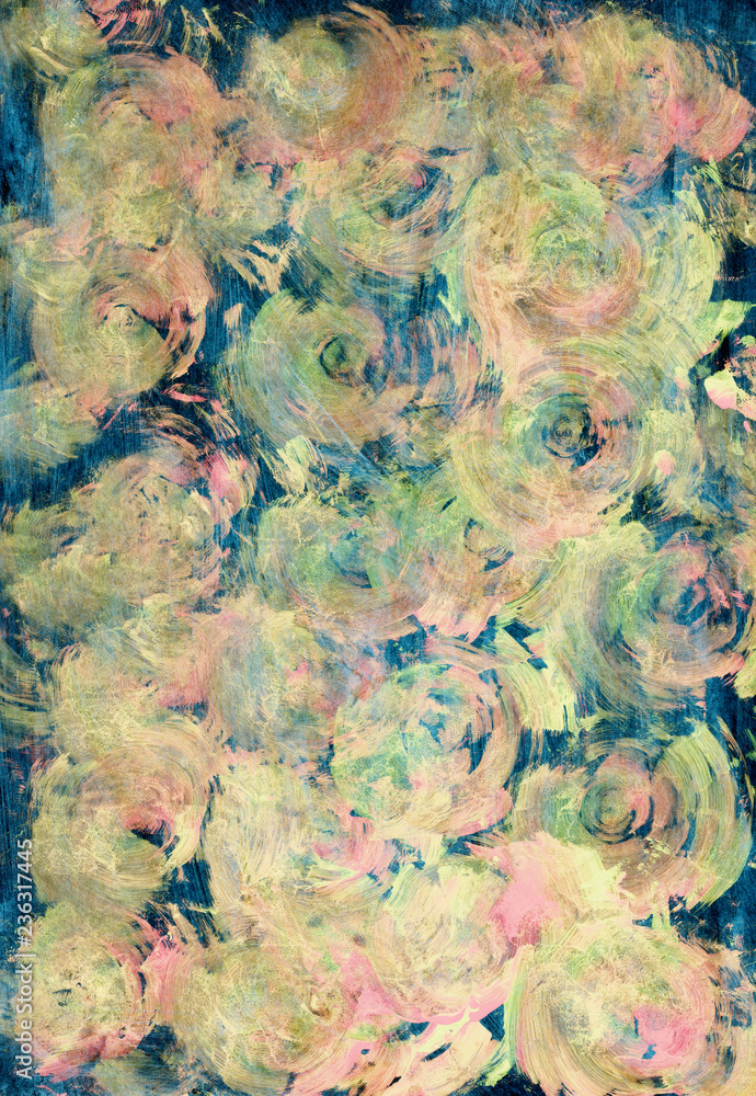 Hand drawn abstract iimpressionistic flower artwork in acrylic and watercolor paints style with pink, blue, green and yellow translucent circles