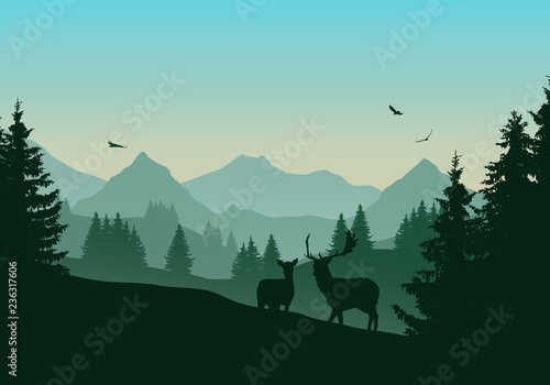 Realistic illustration of mountain landscape with green coniferous forest, two deer and three flying birds in the sky with dawn
