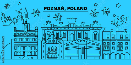 Poland, Poznan winter holidays skyline. Merry Christmas, Happy New Year decorated banner with Santa Claus.Flat, outline vector.Poland, Poznan linear christmas city illustration