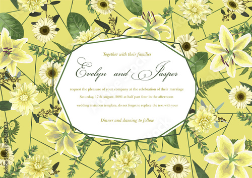 Wedding floral invitation, invite card. Vector watercolor , green forest leaf, fern, branches, buxus, eucalyptus. Flowers of white lily, gerbera, dahlia. Decorative geometric frame horizontal