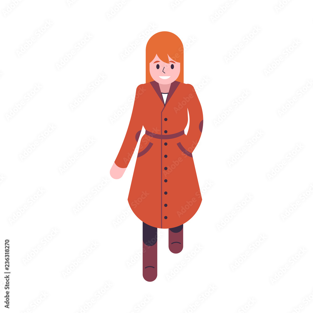 Vector illustration of woman in orange and brown autumn clothes in flat style isolated on white background - young female character walking in warm coat for seasonal design.