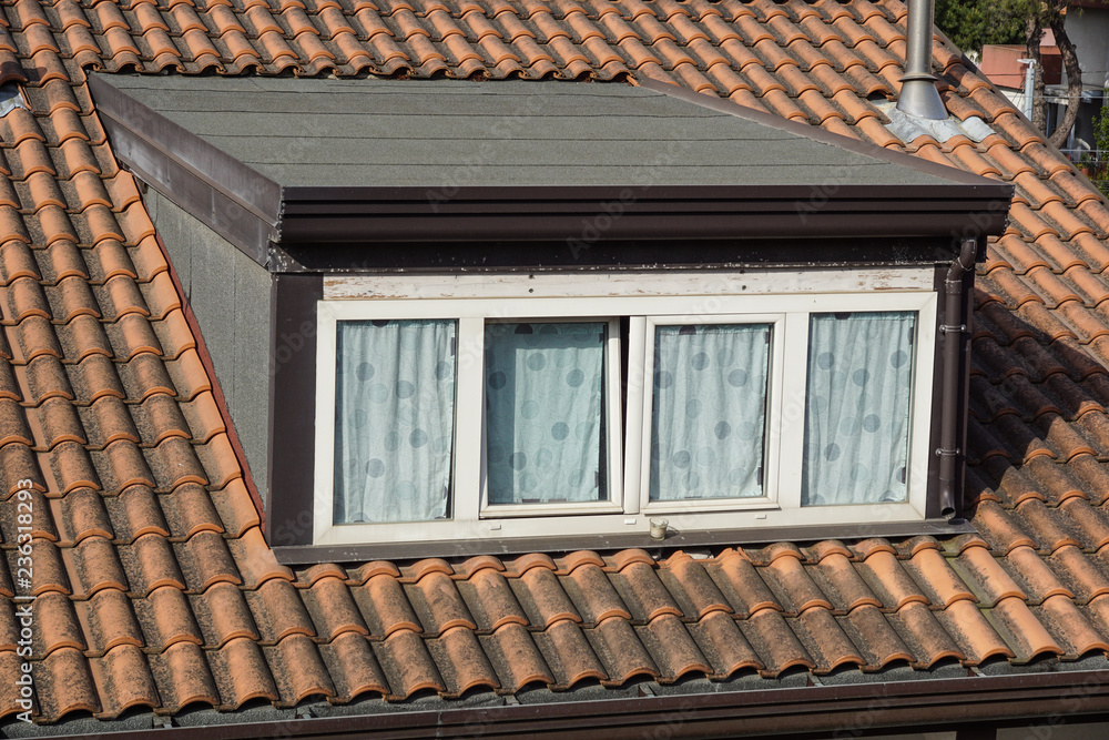 Roof window with roller shutter . detail of building