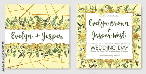 Set for wedding invitation, greeting card, save date, banner. With green forest leaf, fern, branches, buxus, eucalyptus. Flowers of white lily, gerbera, dahlia. Yellow background