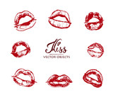 Vector objects set. Lips prints. Red lipstick.