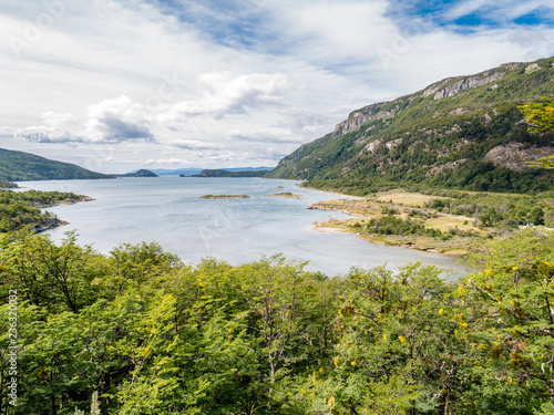 Panorama of Lapataia Bay in Tierra del Fuego National Park, Patagonia, Argentina