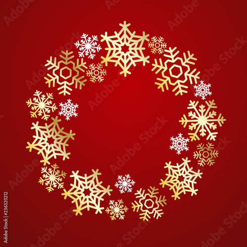 Christmas Wreath made of golden and white snowflakes. Elegant vector greeting card  poster  flyer. Creative ornament decoration New Year  Winter Holidays template for celebration Bright Red background