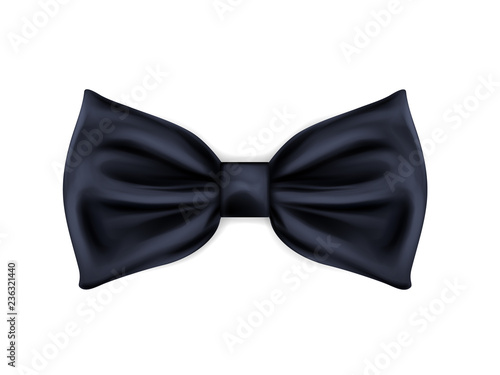 Black bow tie realistic vector icon isolated on white background. Men classic clothing elegant accessory. Formal dress code garment element. Holiday event, celebration party, wedding ceremony wear
