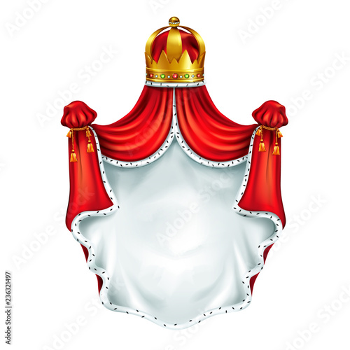 Medieval coat of arms, heraldic emblem realistic vector template isolated on white background. Kings gold crown with gems, coronation cloak, royal canopy of red silk decorated ermine fur illustration