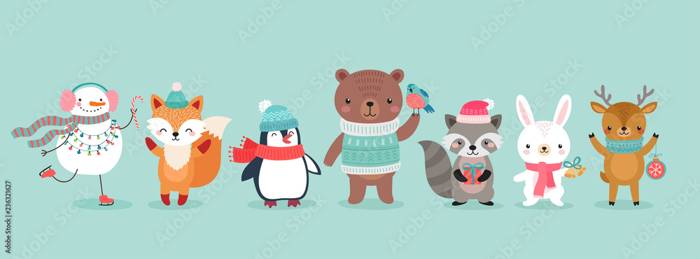 Fototapeta premium Christmas characters - animals, snowmen, Santa Claus.