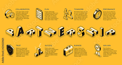 Business partnership line art, isometric vector banner. Corporate principles, business teams collaboration for better performance and success concept. Investment company, business courses landing page