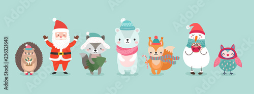 Christmas characters - animals, snowmen, Santa Claus.