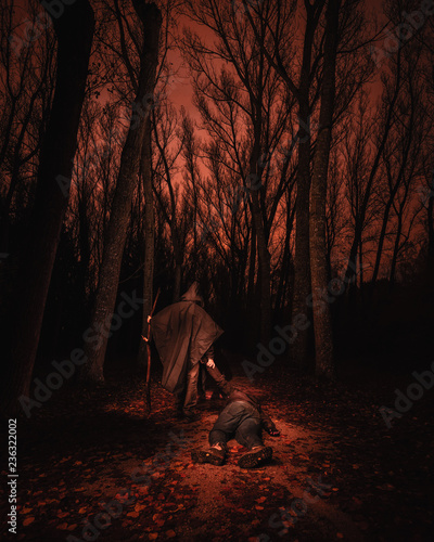 Person in wizard costume carrying man between murk forest in redness