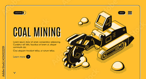 Coal mining isometric vector web banner with bucket-wheel excavator working in quarry line art illustration. Heavy machines or equipment for open-pit mining. Energy industry company landing page