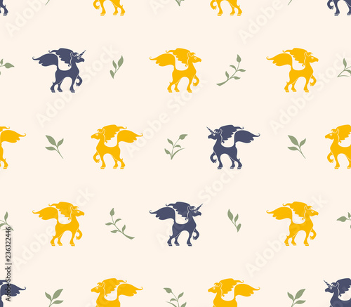 Fototapeta Naklejka Na Ścianę i Meble -  Seamless pattern of dark unicorns and yellow horses and green twigs on a golden beige background. Flat vector graphics for design.