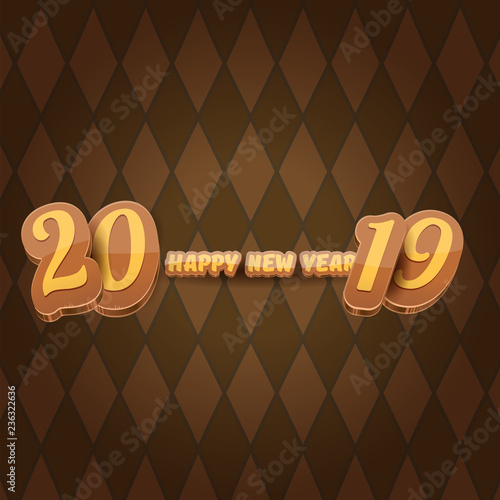 2019 Happy new year creative design background or greeting card with colorful numbers and greeting text. Happy new year label or icon isolated on tweed plaid check pattern texture background