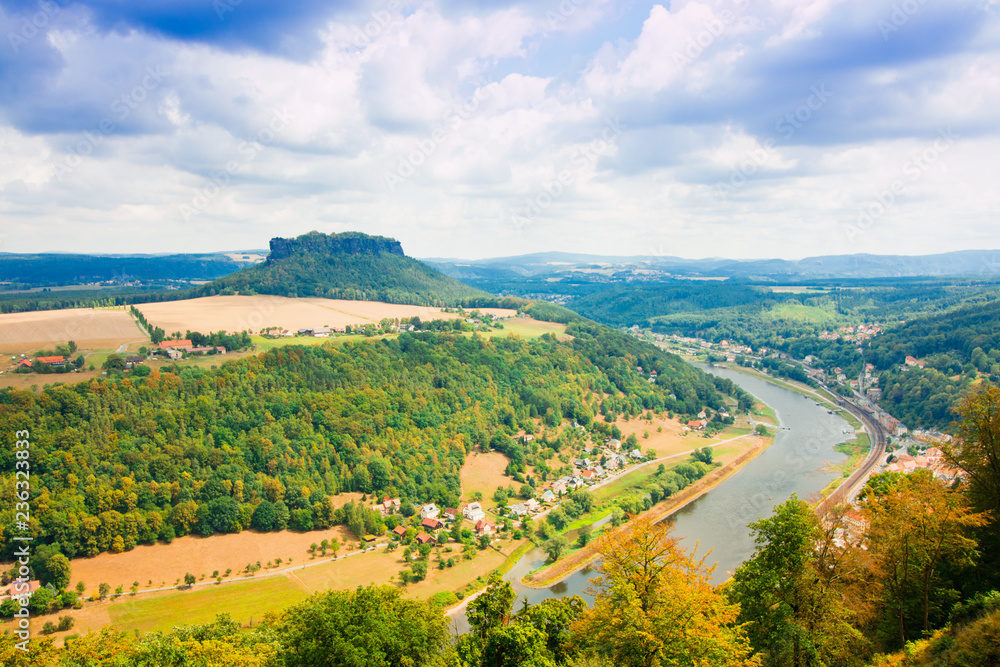 View from old Koenigstein castle down on river Elbe in Saxony