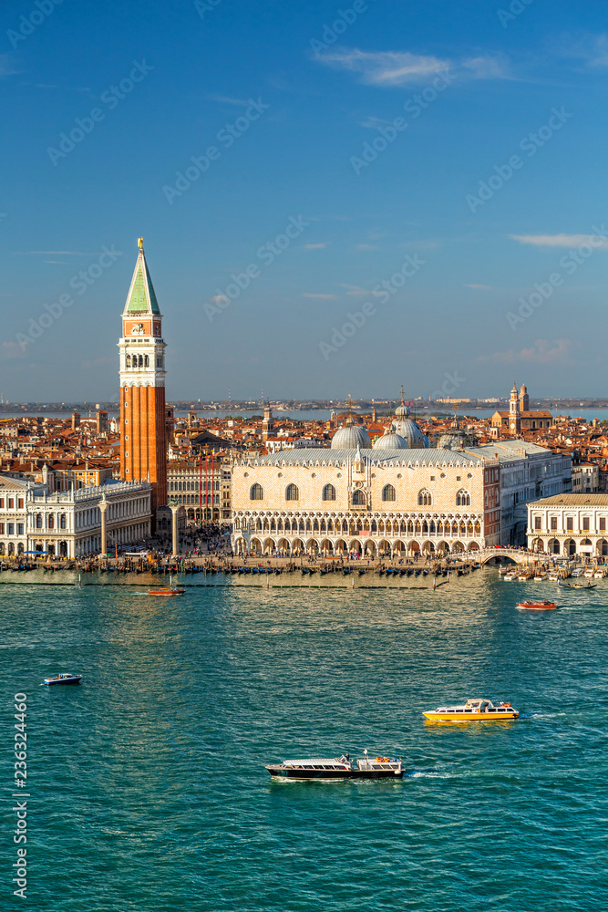 St Mark's Campanile, the bell tower of St Mark's Basilica in Venice, Italy, located in the Piazza San Marco as seen from San Giorgio