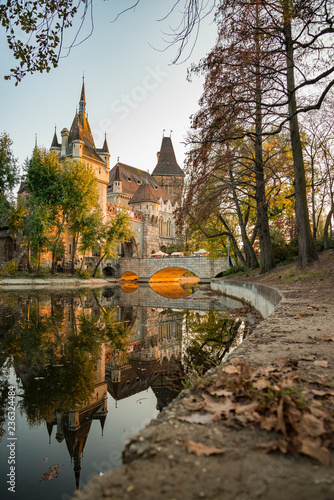 Hungary Budapest 2018: Vajdahunyad castle reflection on Városliget lake in Budapest autumn