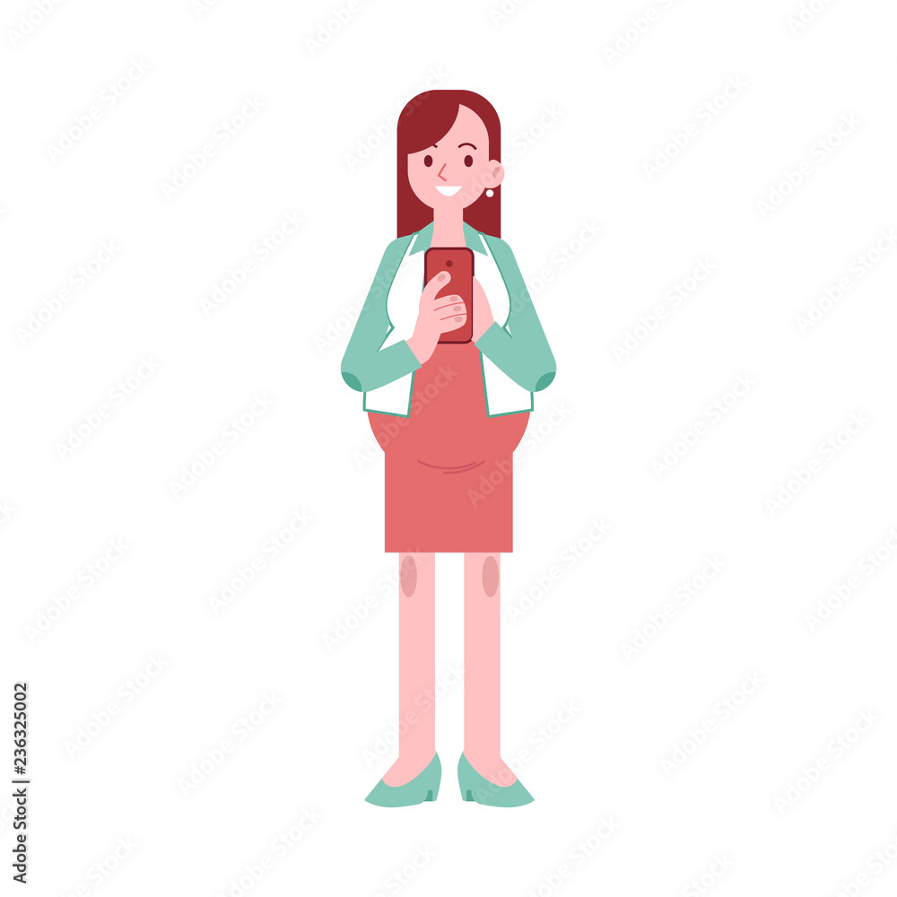 Vector illustration of happy pregnant woman standing with mobile phone in flat style - smiling young future mother with big belly holding smartphone isolated on white background. Vector illustration of happy pregnant woman standing with mobile phone in flat style - smiling young future mother with big belly holding smartphone isolated on white background.