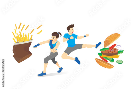 Man and healthy woman fight with fast food. Concept illustration about diet with stop eating fat.