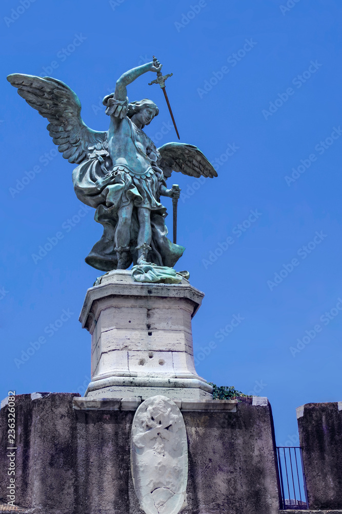 Bronze sculpture of the Archangel Michael mounted on the roof of Saint Angel Castle. Castel Sant'Angelo, Rome