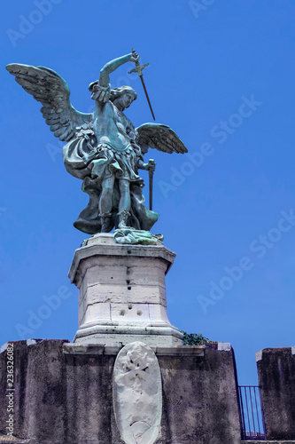 Bronze sculpture of the Archangel Michael mounted on the roof of Saint Angel Castle. Castel Sant'Angelo, Rome