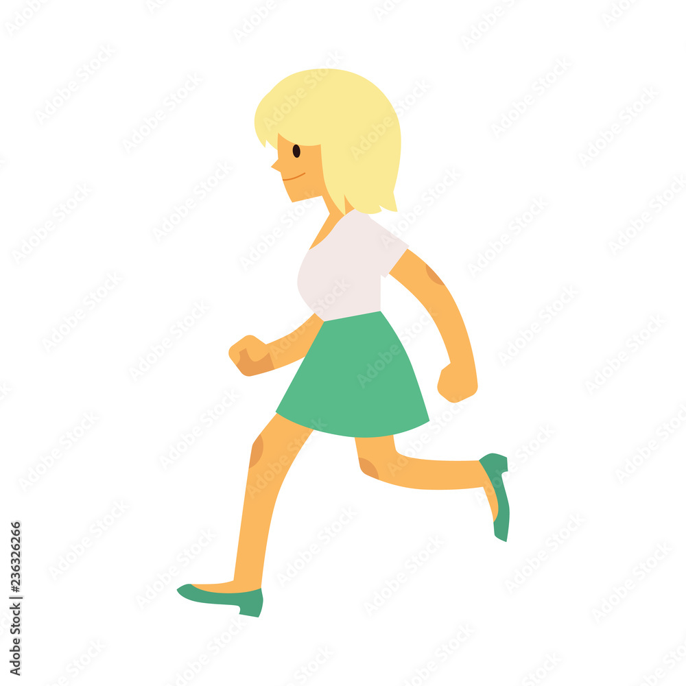 Young smiling girl in casual clothing running in flat style isolated on white background - vector illustration side view of hurrying female character jogging, moving forward. Young smiling girl in casual clothing running in flat style isolated on white background - vector illustration side view of hurrying female character jogging, moving forward.