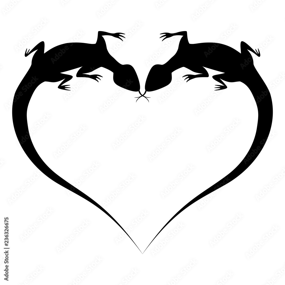 Naklejka premium Two lizard's silhouette on Valentine shape on white