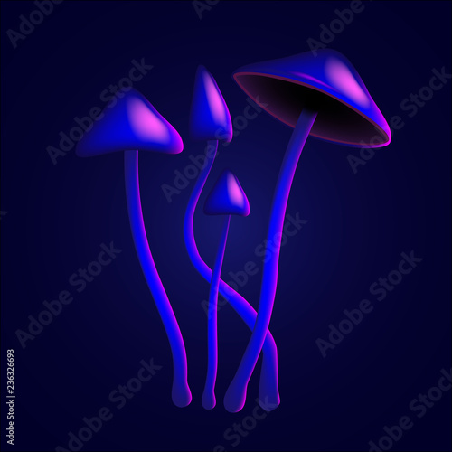 Hallucinogenic purple mushroom psilocybe on a thin leg on blue background