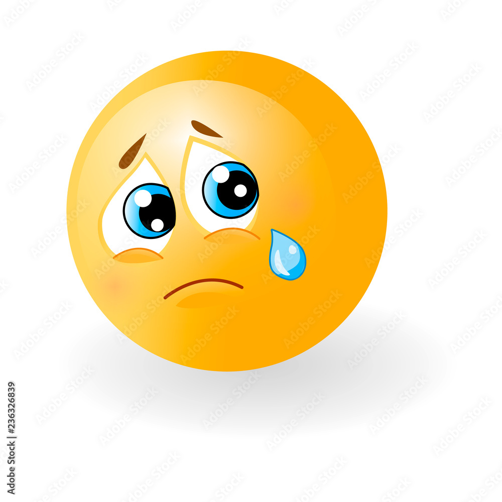 Yellow cute sad emoticon with tear. Smiley, face with emotions. Facial  expression, mood. 3d realistic emoji. Funny cartoon  icon.  Vector eps10 illustration Stock Vector | Adobe Stock