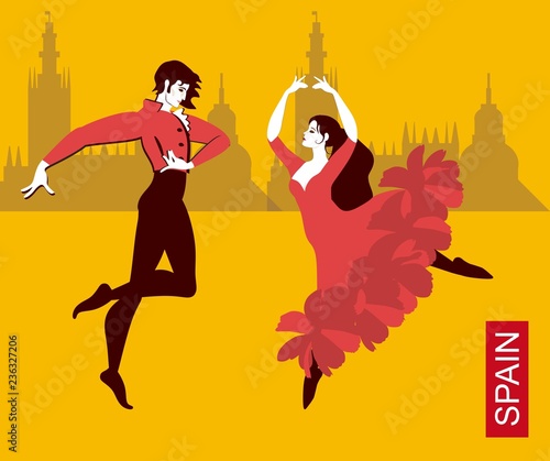 Beautiful Spanish couple in national costumes dancing flamenco in the city streets. Silhouettes of buildings on a yellow background. The colors of the flag of Spain. Luxury collection. Vector.