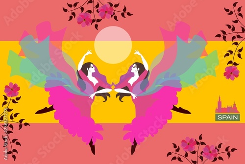 Attractive Women dressed in traditional costumes, dancing flamenco on stylized spanish flag background.