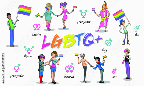 lgbtq community happy hugging young people covered with an lgbt rainbow flag flat editable