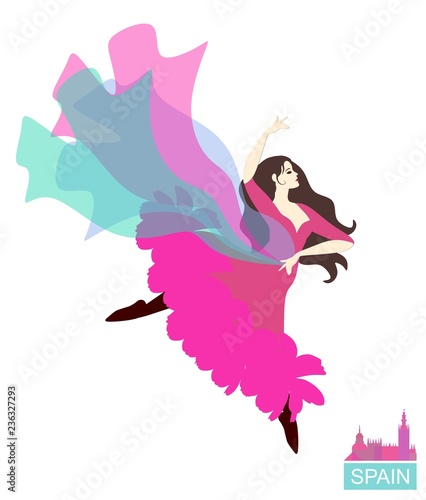 Passion flamenco. Spanish dancer with a flying shawl isolated on white background. Vector illustration.