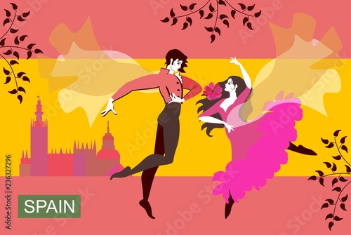 Young spanish man and girl dancing flamenco against the background of Spain flag on a city street.
