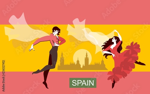 Beautiful couple in national Spanish costumes dancing flamenco in the streets against the background of the flag of Spain. Rising sun, shawl in the form of a flying bird. Vector illustration.