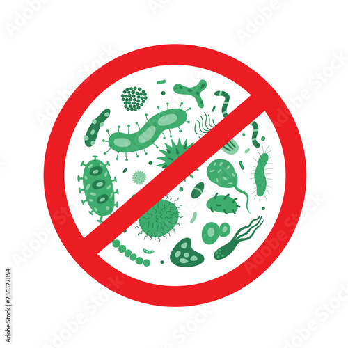 Antibacterial and antiviral defence icon. Stop bacteria and viruses prohibition sign. Antiseptic.