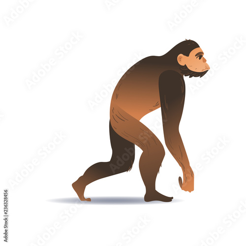 Vector cartoon neanderthal ape-like caveman with thick hair walking. Prehistory barbarian, ancient primitive homo male character. Isolated illustration © sabelskaya