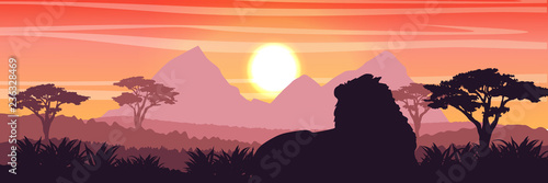 Silhouette. The big lion lies in the African savannah. Wildlife of Africa. Realistic Vector Landscape