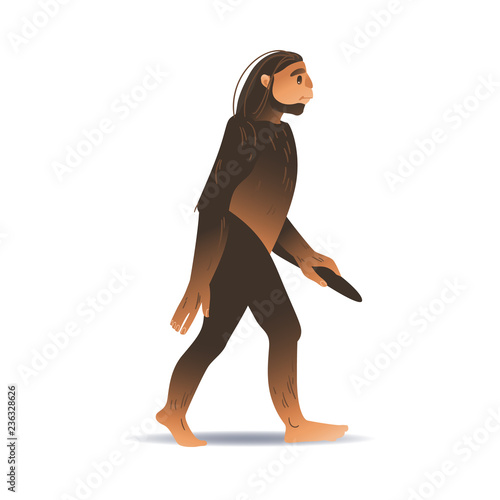Vector cartoon neanderthal ape-like caveman with thick hair walking holding stick. Prehistory barbarian, ancient primitive homo male character. Isolated illustration