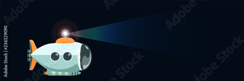 Submarine with a luminous searchlight, isolated. The study of the underwater world and oceanography. Vector object