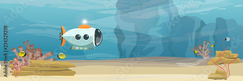 A submarine explores the bottom of a warm ocean. Fish, algae, corals, sponges and starfish. Underwater seascape. Science and oceanography. Realistic Vector Landscape