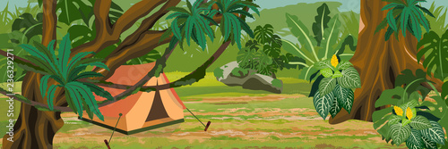 Tourist tent in the jungle. A tropical forest. Rainforests of Amazonia. Tree, epiphytes, creepers and monsteras. Realistic Vector Landscape