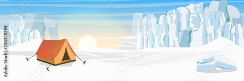 Tent to the north. Extreme tourism in the North. The glacier and the snow-covered plain. Vector landscape of the Arctic, Antarctic or Greenland
